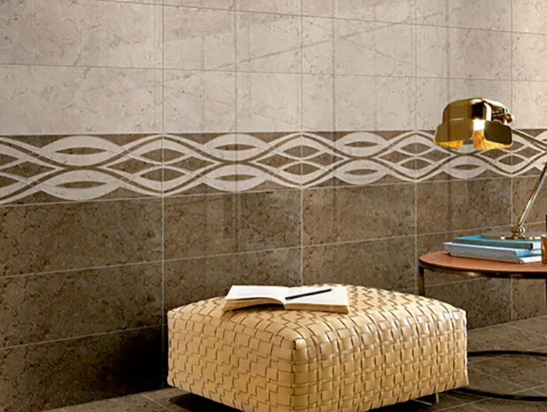 Modern living room featuring glossy black and white striped tiles for walls and floors